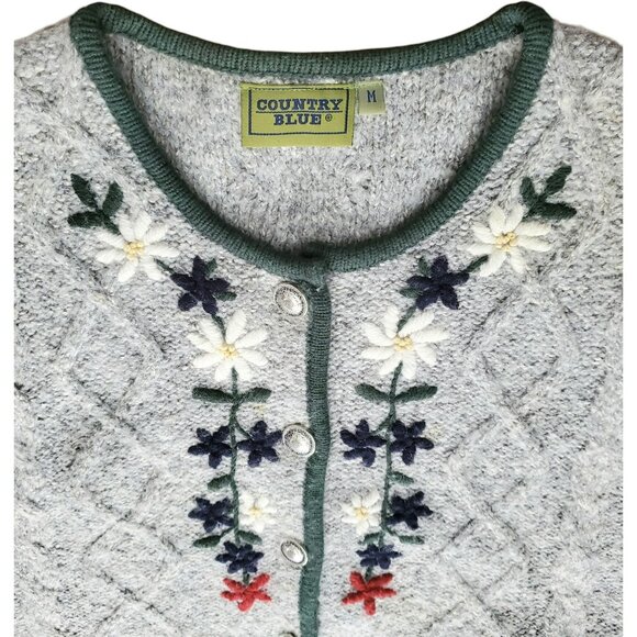 VTG Knit Sweater Vest Embroidered Flowers Gray Country Blue Wool Blend Womens M - Picture 3 of 11